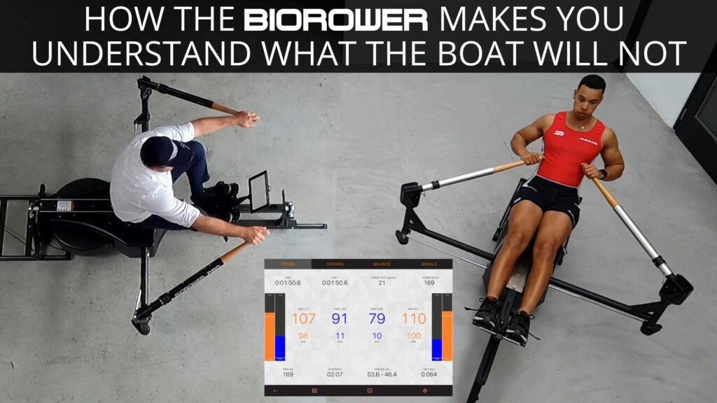 A rowing coach guiding an athlete on a BIOROWER indoor simulator, analyzing stroke data for synchronized team training.