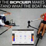 A rowing coach guiding an athlete on a BIOROWER indoor simulator, analyzing stroke data for synchronized team training.