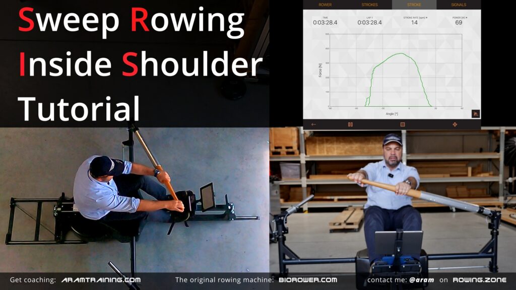 Rower demonstrating subtle inside arm suspension in sweep rowing on the BioRower PRO